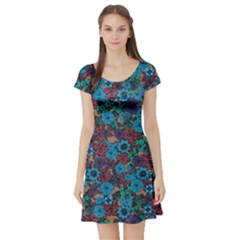 Blue Floral Blue Violet White Floral Pattern Silhouettes Butterflies Short Sleeve Skater Dress