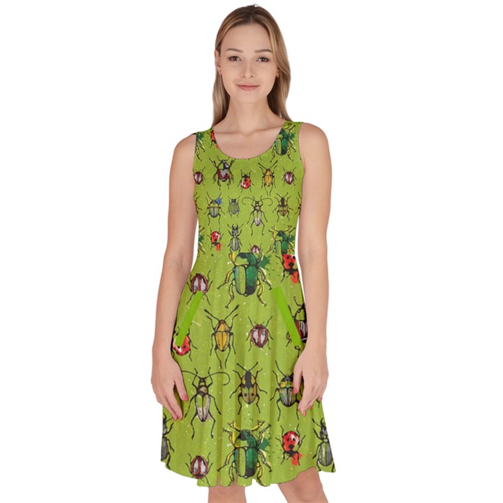 Neon Green Watercolor Beetles Knee Length Skater Dress With Pockets 