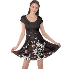 Traditional Geometric Flowers Black Cap Sleeve Dress