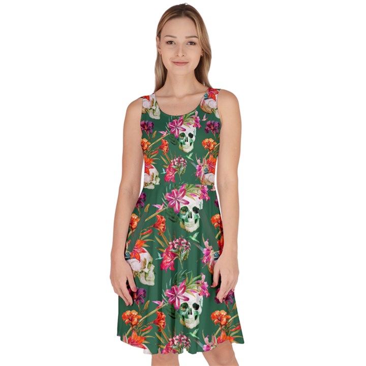 Dark Green Skull and Flowers Pattern Knee Length Skater Dress With Pockets