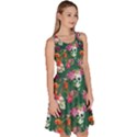 Dark Green Skull and Flowers Pattern Knee Length Skater Dress With Pockets View3