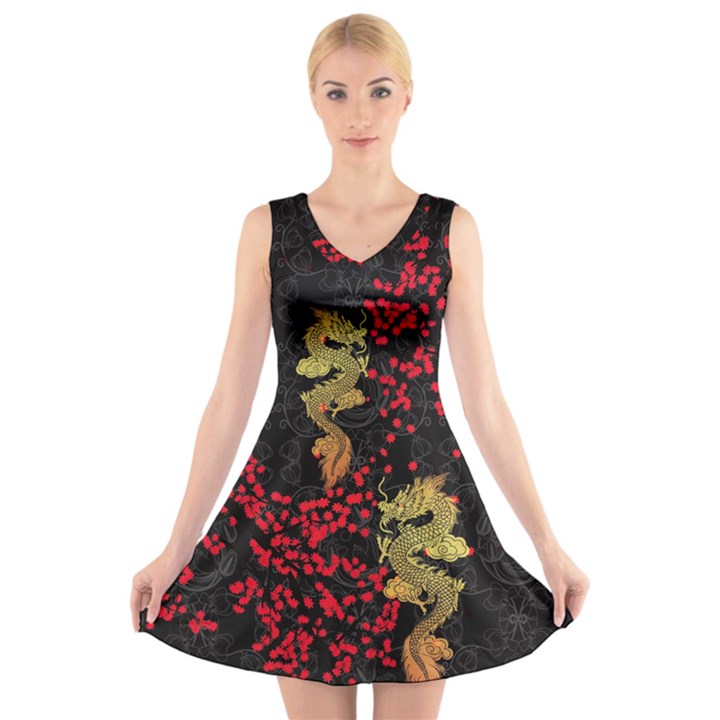 Vintage Dragon Black Chinese Luck Pattern V-Neck Sleeveless Dress