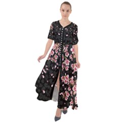 Crane Black & Gray Cherry Blossom Waist Tie Boho Maxi Dress by CoolDesigns