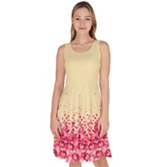 Heart Roses Light Yellow Snowy Floral Knee Length Skater Dress With Pockets