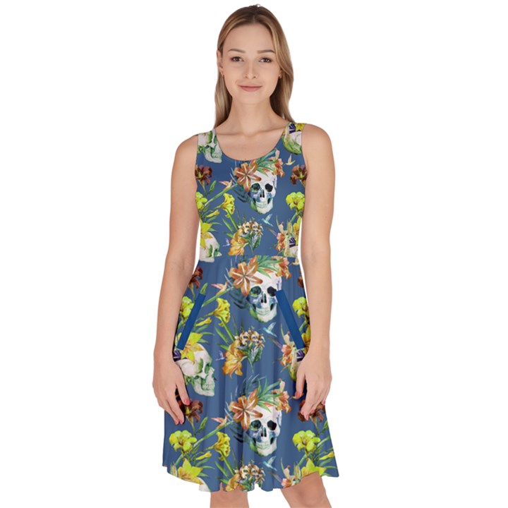 Steel Blue Skull and Flowers Pattern Knee Length Skater Dress With Pockets