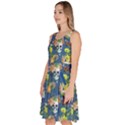 Steel Blue Skull and Flowers Pattern Knee Length Skater Dress With Pockets View2