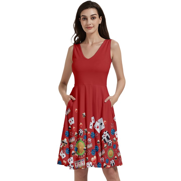 Unique Poker Casino Playing Cards Print Red Sleeveless V-neck skater dress