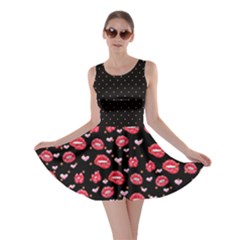 Kiss Lips Black With Hearts Print Skater Dress