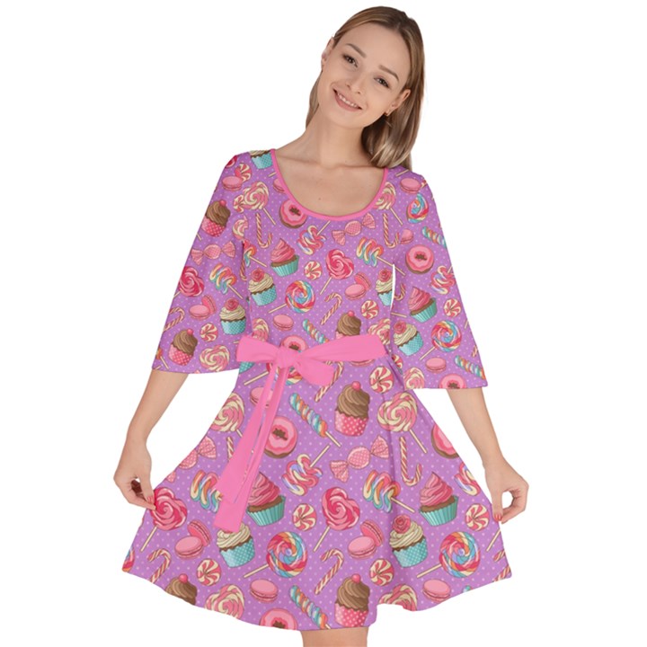 Lavendar Yummy Sweet Lollipop Candy Macaroon Cupcake Donut Seamless Velour Kimono Dress 