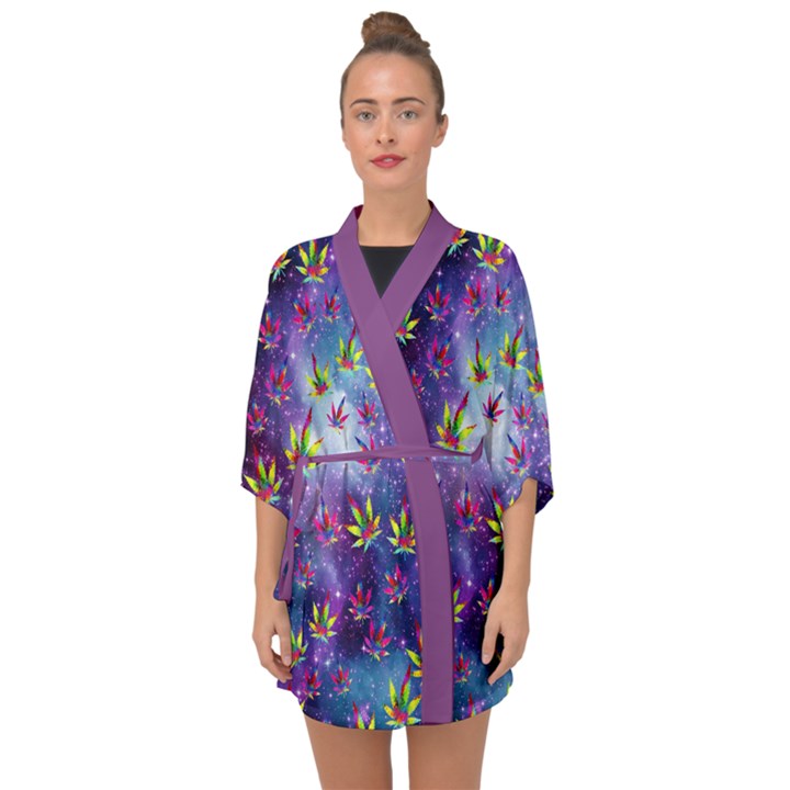 Galaxy Space Lavender Marijuana Leaves Half Sleeve Chiffon Kimono