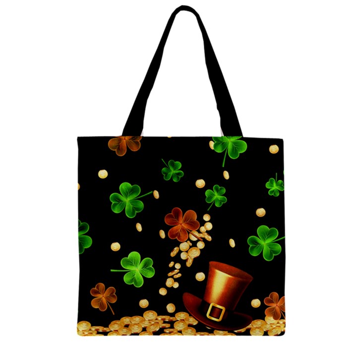 Elegant Hat Shamrock Black Coins Pattern Zipper Grocery Tote Bag