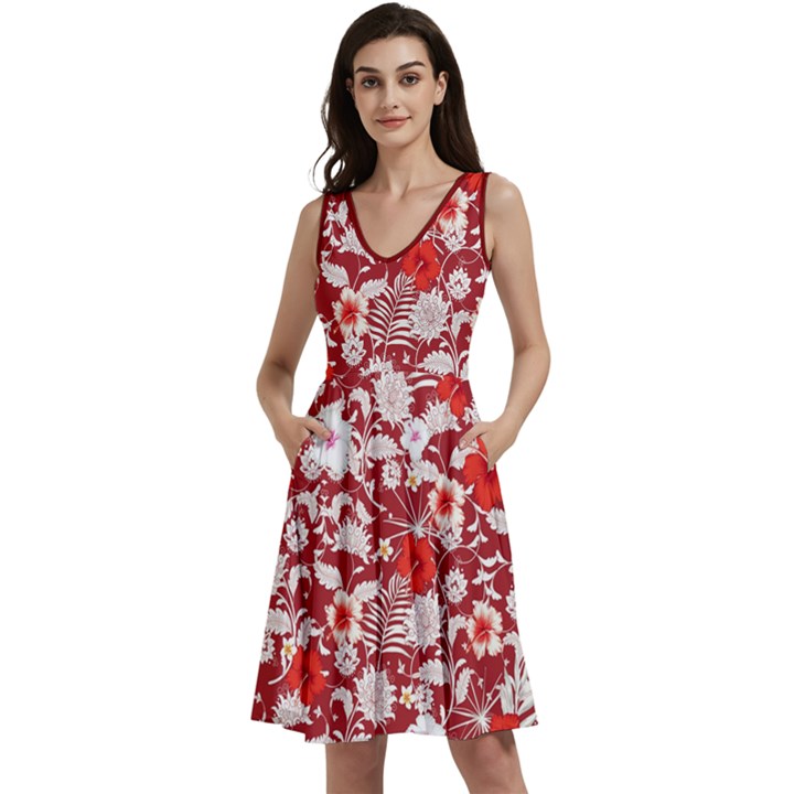 Hawaii Hibiscus Tropical Red & White Sleeveless V-neck skater dress