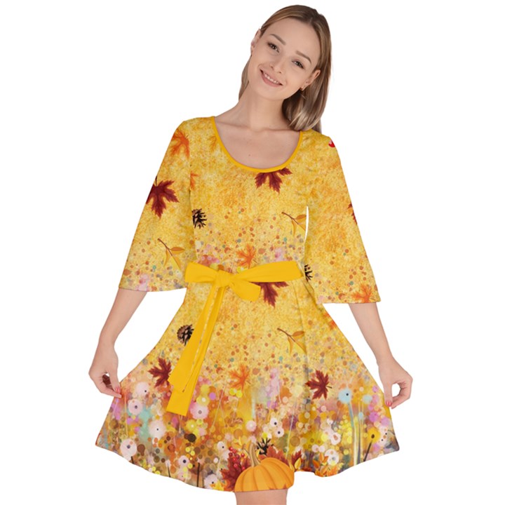 Light Orange Vintage Floral Flower Maple Leaves Velour Kimono Dress