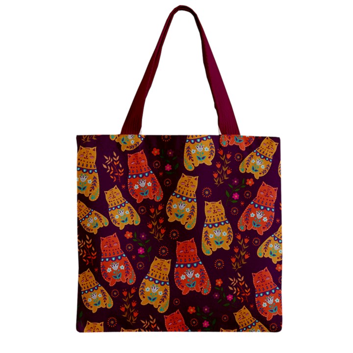 Lucky Cat Aztec Dark Red Zipper Grocery Tote Bag