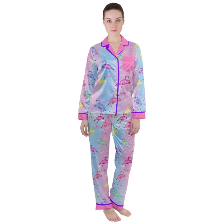 Cute Flamingos Pink & Sky Blue Satin Long Sleeve Pyjamas Set