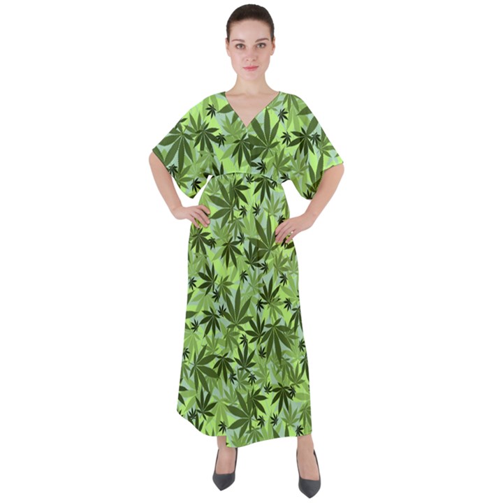 Cannabis Light Green Marijuana Badges with Marijuana Leaves V-Neck Boho Style Maxi Dress