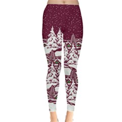 Christmas Snow Town Maroon Stretch Leggings by CoolDesigns