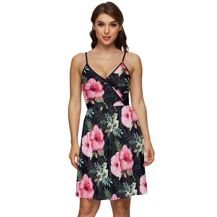 Hawaii Floral Black V-Neck Pocket Summer Dress 