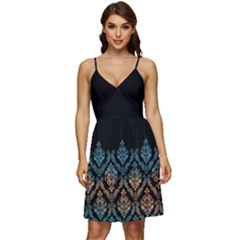 Gradient Blue Damask Black V-neck Pocket Summer Dress  by CoolDesigns