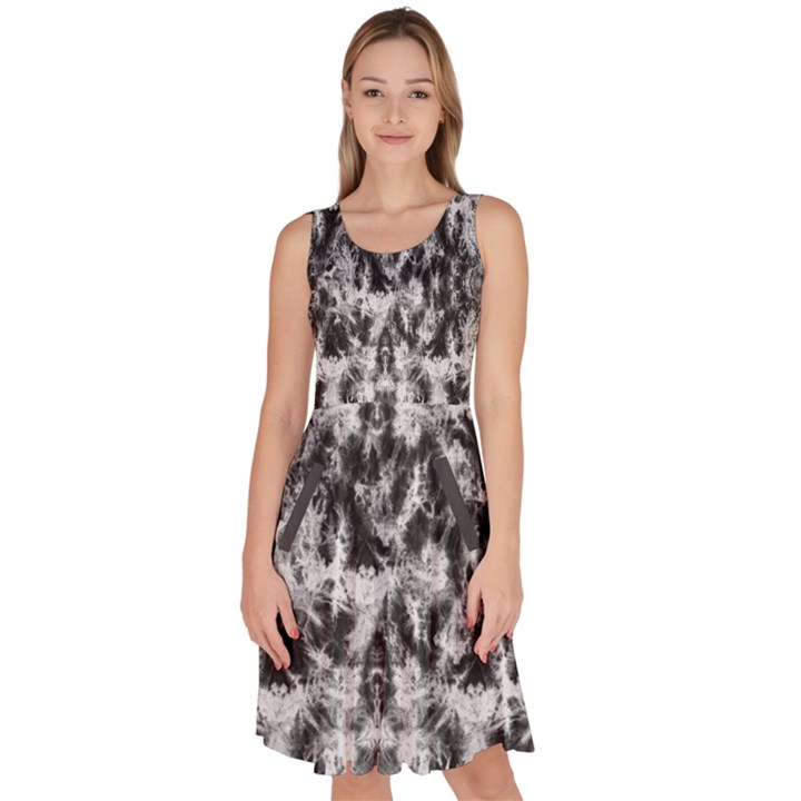 Black Gray Tie Dye Asymmetrical Knee Length Skater Dress With Pockets