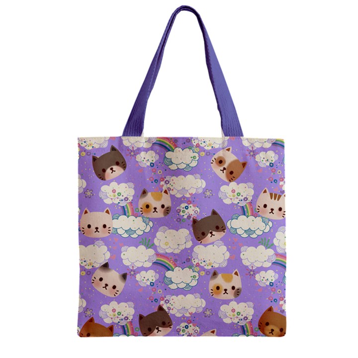 Plum Cute Kitty Cat Pattern Zipper Grocery Tote Bag