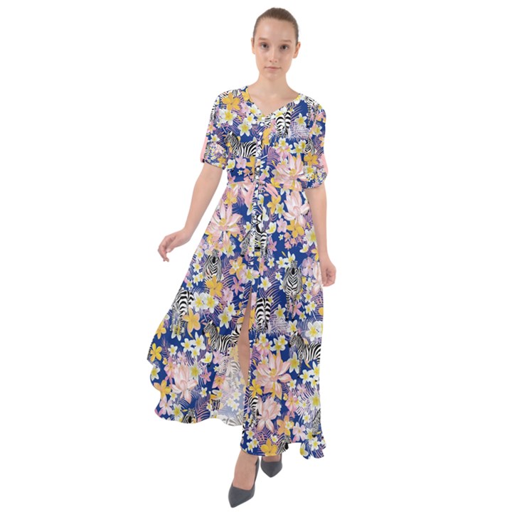 Zebra Dark Blue Summer Floral Print Waist Tie Boho Maxi Dress