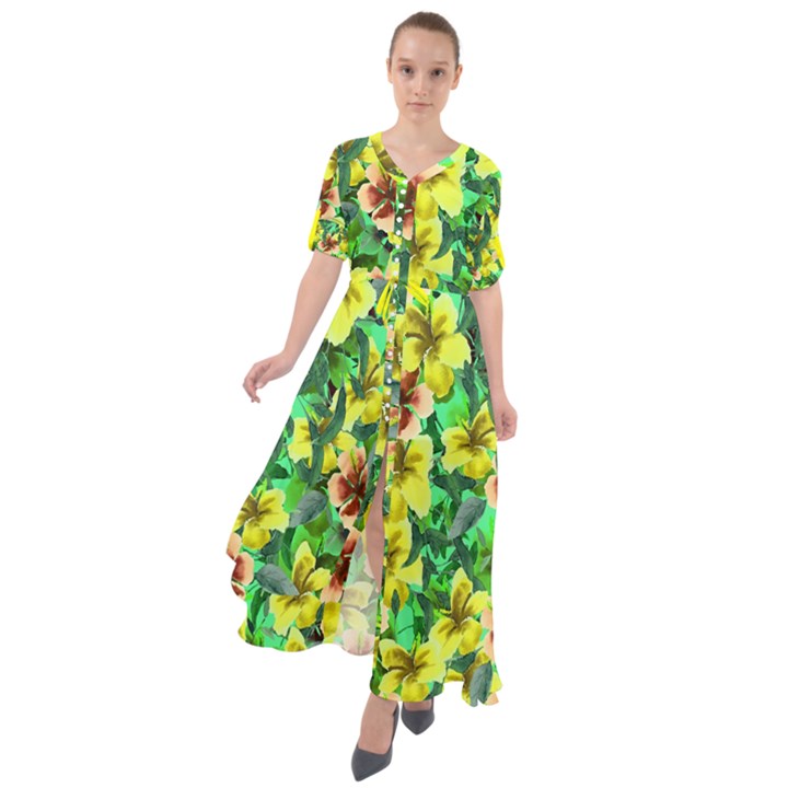 Hawaii Hibiscus Green Tropical Flowers Boho Maxi Dress