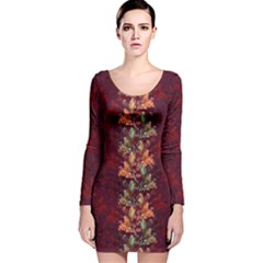 Dark Red Autumn Fall Floral Long Sleeve Velvet Bodycon Dress by CoolDesigns