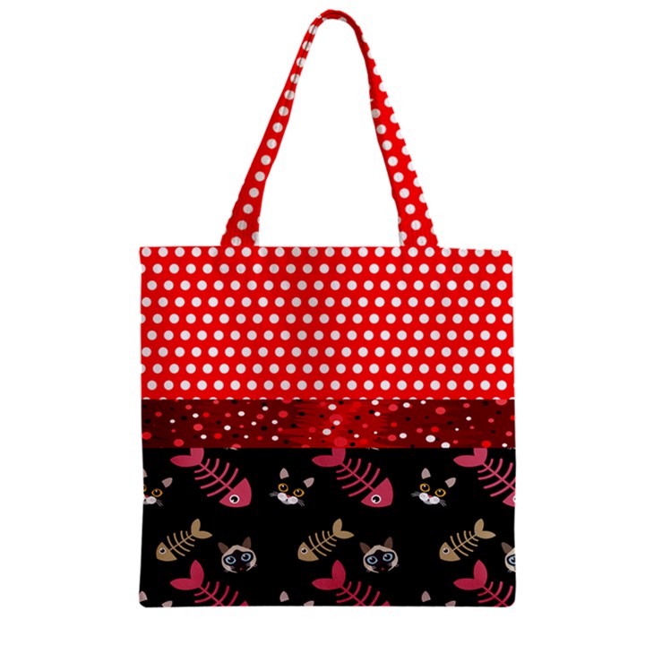 Pet Fish Bones Pattern Red Polka Dots Zipper Grocery Tote Bag