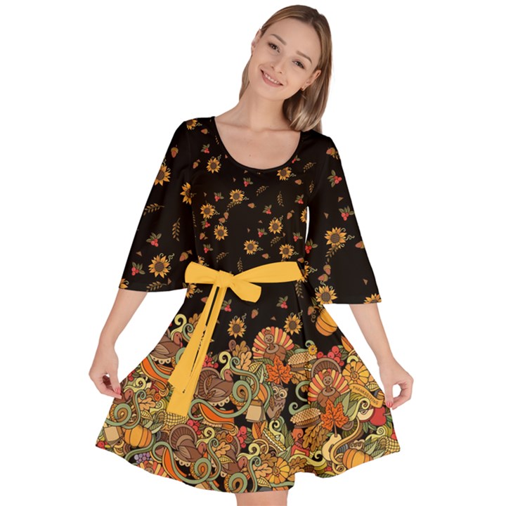 Sunflowers Black Autumn Pumpkins Shade Turkey Velour Kimono Dress