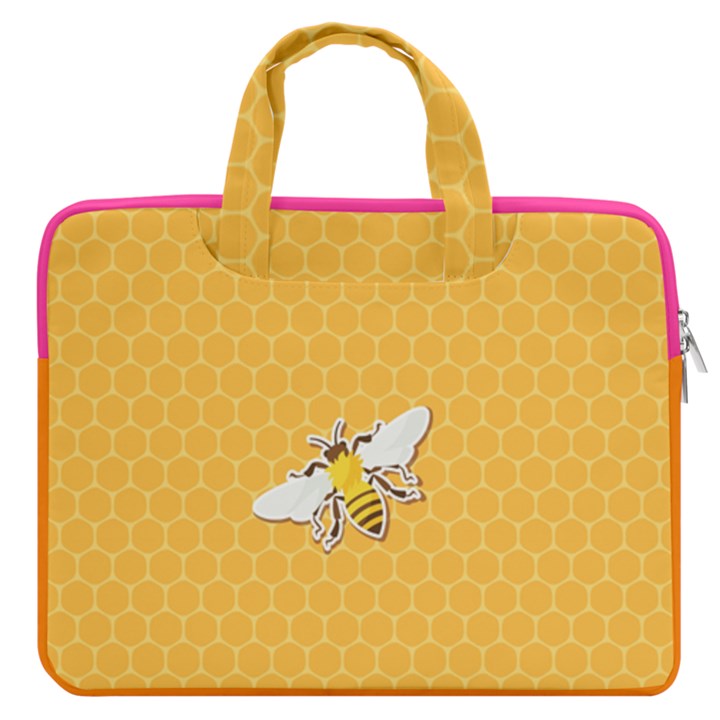 Yellow Orange Pattern Bee on Honeycombs Carrying Handbag 16  Double Pocket Laptop Bag 