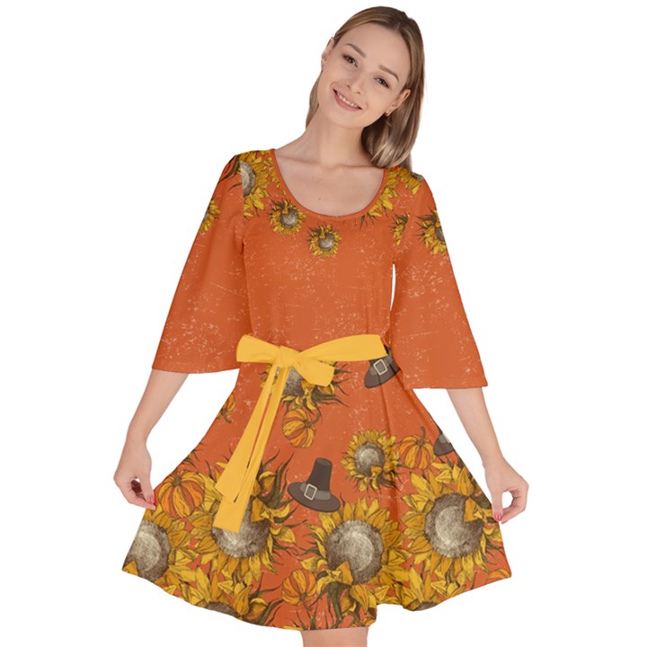 Autumn Sunflowers Orange Floral Velour Kimono Dress