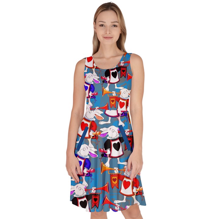 Alice Wonderland Steel Blue Rabbit Knee Length Skater Dress With Pockets