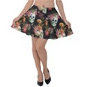 Colorful Beautiful Watercolor Skull and Flowers Velvet Skater Skirt View1