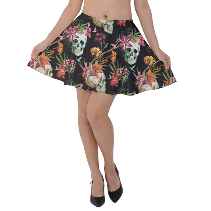 Colorful Beautiful Watercolor Skull and Flowers Velvet Skater Skirt