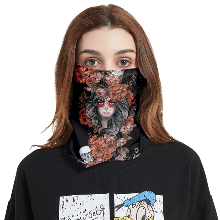 Roses Floral Black Skeleton Skulls Prints Seamless Face Covering Ear Loops Bandana (Two Sides)