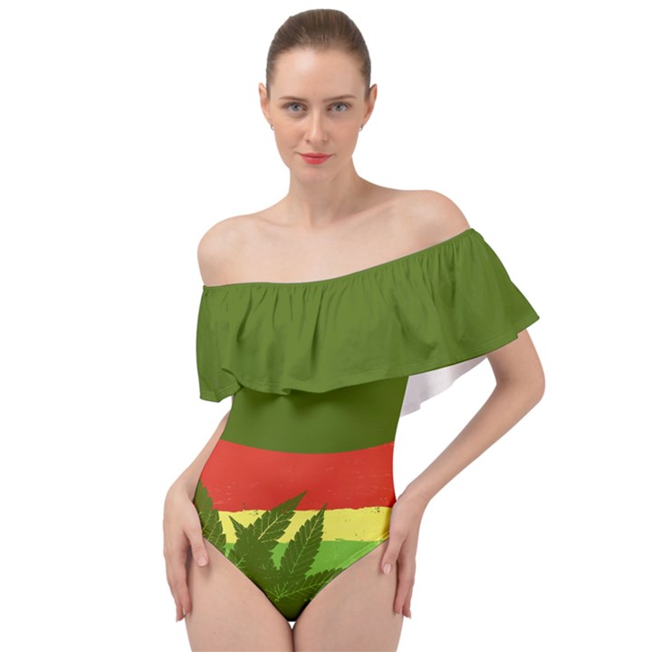 Marijuana Shadow Forest Green Rasta Party Marijuana Leaves Off Shoulder Velour Bodysuit 