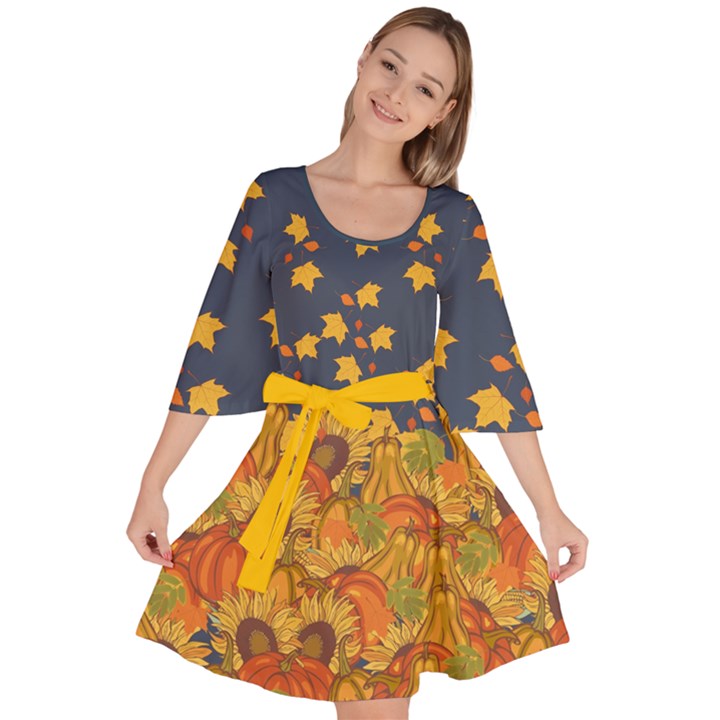 Dark Steel Blue Pumpkins Orange Fallen Autumn Leaves Velour Kimono Dress