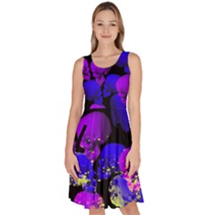 Blue & Purple Horror Skulls Print Knee Length Skater Dress With Pockets by CoolDesigns