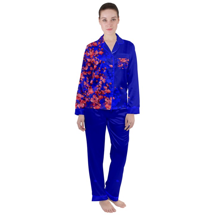 Japanese Style Blue Blossom Crane Floral Flowers Satin Long Sleeve Pyjamas Set