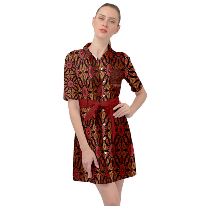 Aztec Collage Patchwork Red Belted Shirt Dress