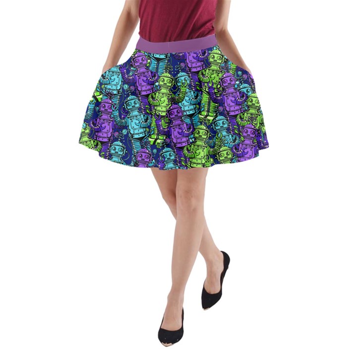 Funny Robot Alien Steel Blue & Purple A-Line Skirt Side Pockets