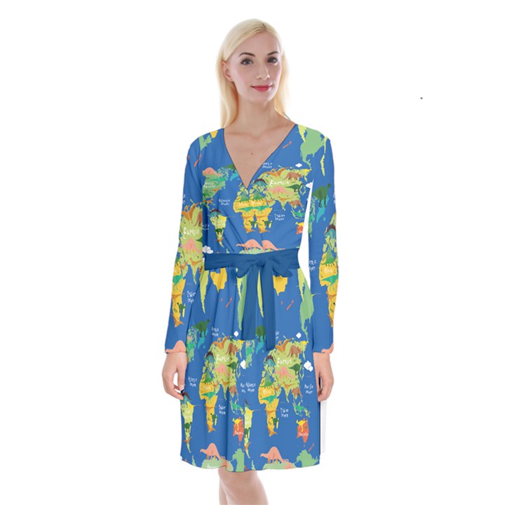 Dinosaur Blue Tyrannosaurus Dinosaur World Pattern Long Sleeve Velvet Front Wrap Dress