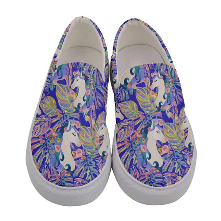 Blue Violet Monstera Leaf  & Unicorns Canvas Slip Ons