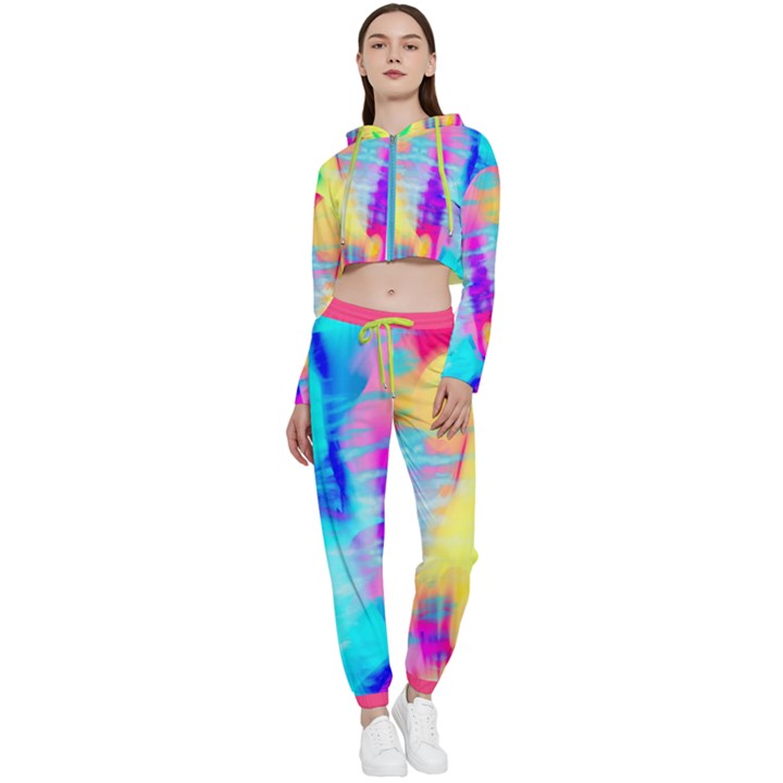 Rainbow Light Tie Dye Soft Cropped Zip Up Lounge Set