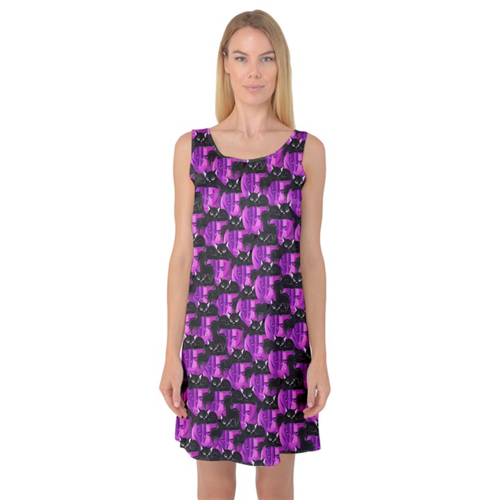 Purple & Black Cats on Pumpkin Prints Sleeveless Satin Nightdress