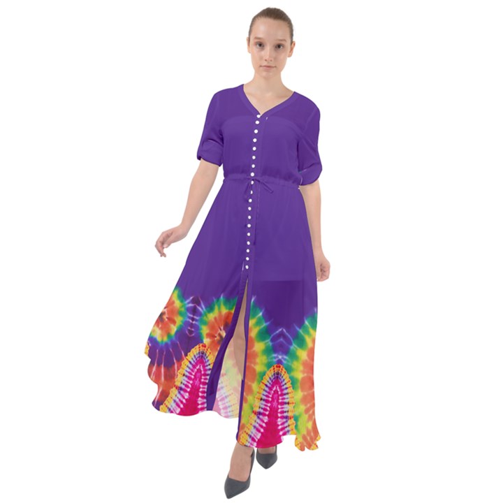 Colorful Tie Dye Purple Waist Tie Boho Maxi Dress