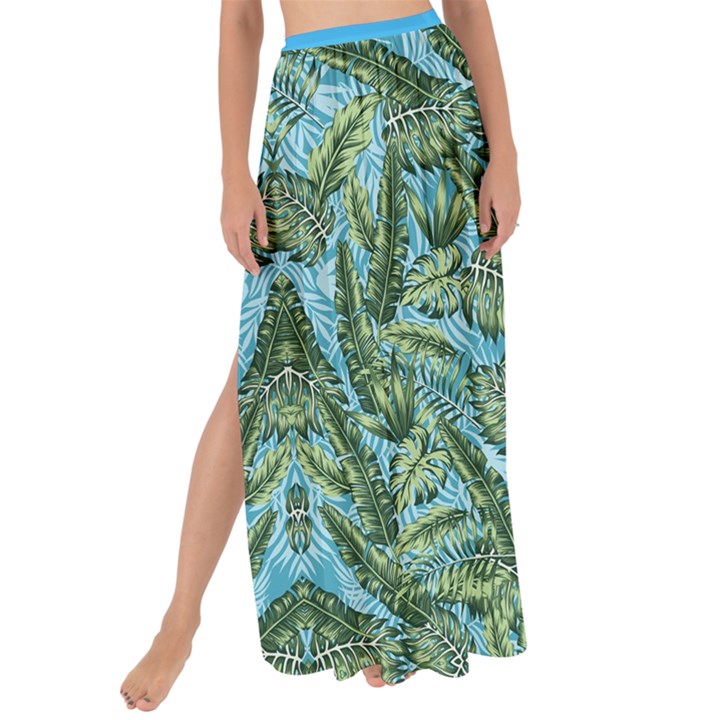 Summer Hawaii Palm Leaves Aqua Maxi Chiffon Tie-Up Sarong