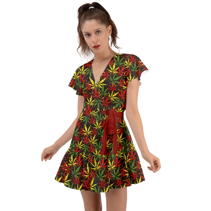 Marijuana Dark Green & Red Cannabis Leaves Flutter Sleeve Wrap Dress