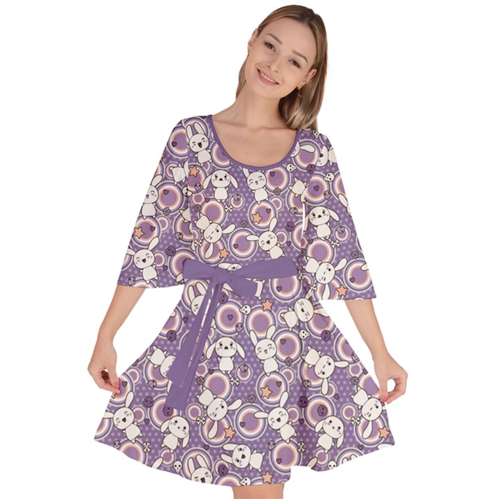 Violet Pattern Doddle Kawaii Velour Kimono Dress